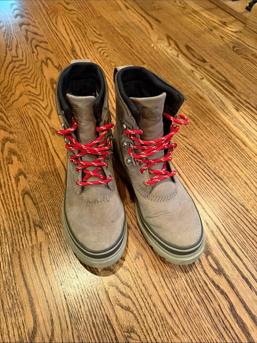 Sorel Taupe Waterproof Boots with Red Hiking Laces